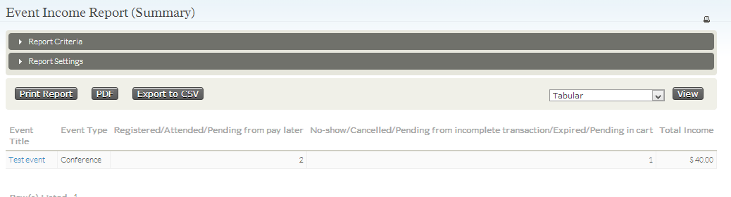 Event Income Report - Summary